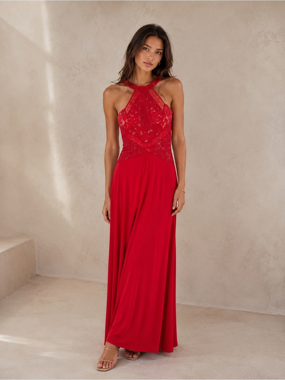⁠NWT ASOS Red Lace Halter Maxi Dress Floor Length Formal Gown US 4